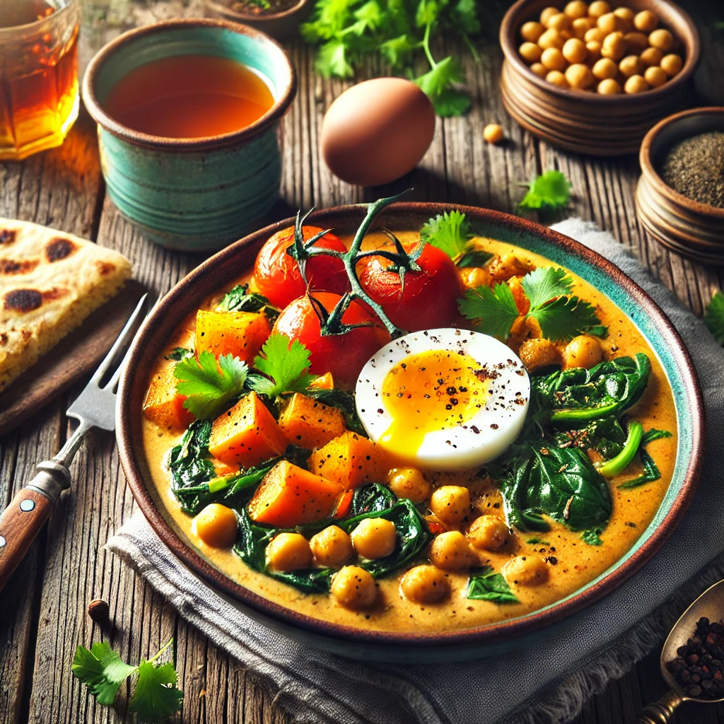 A vibrant bowl of breakfast curry with sweet potatoes, spinach, chickpeas, and tomatoes in a creamy coconut milk sauce, garnished with cilantro and a boiled egg, served with flatbread and tea