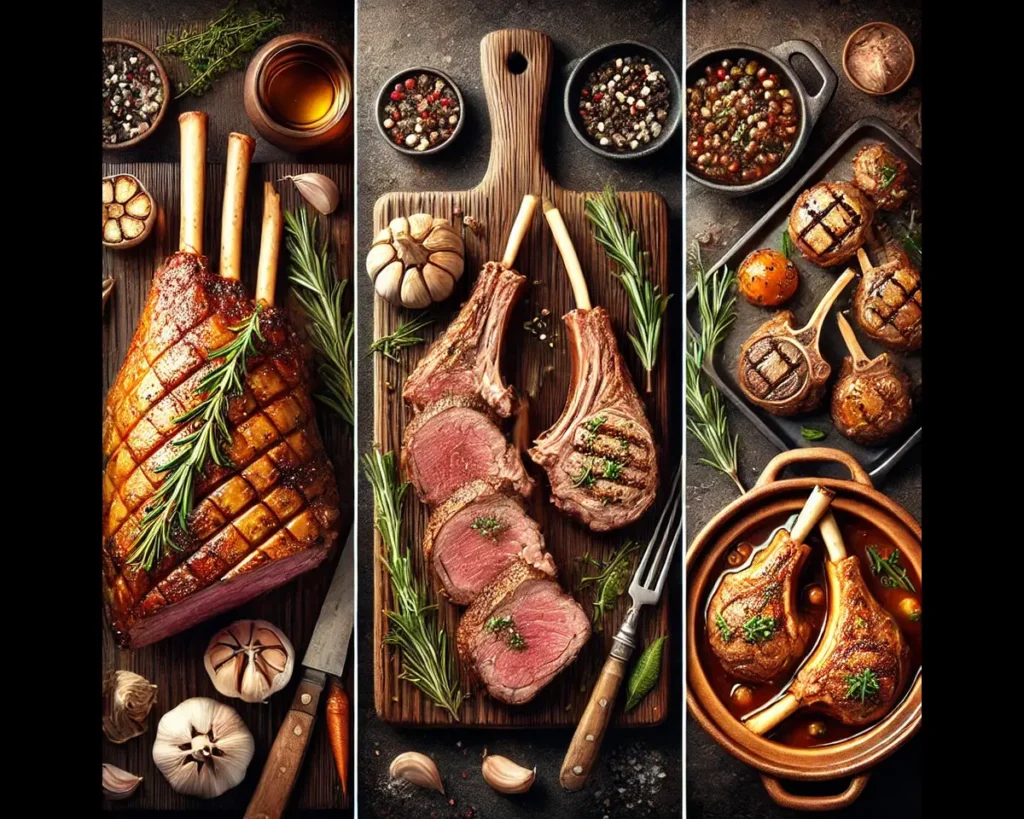 A variety of lamb dishes showcasing roasted leg of lamb, grilled lamb chops, and slow-cooked lamb shanks, presented with fresh herbs and a rustic kitchen setting.