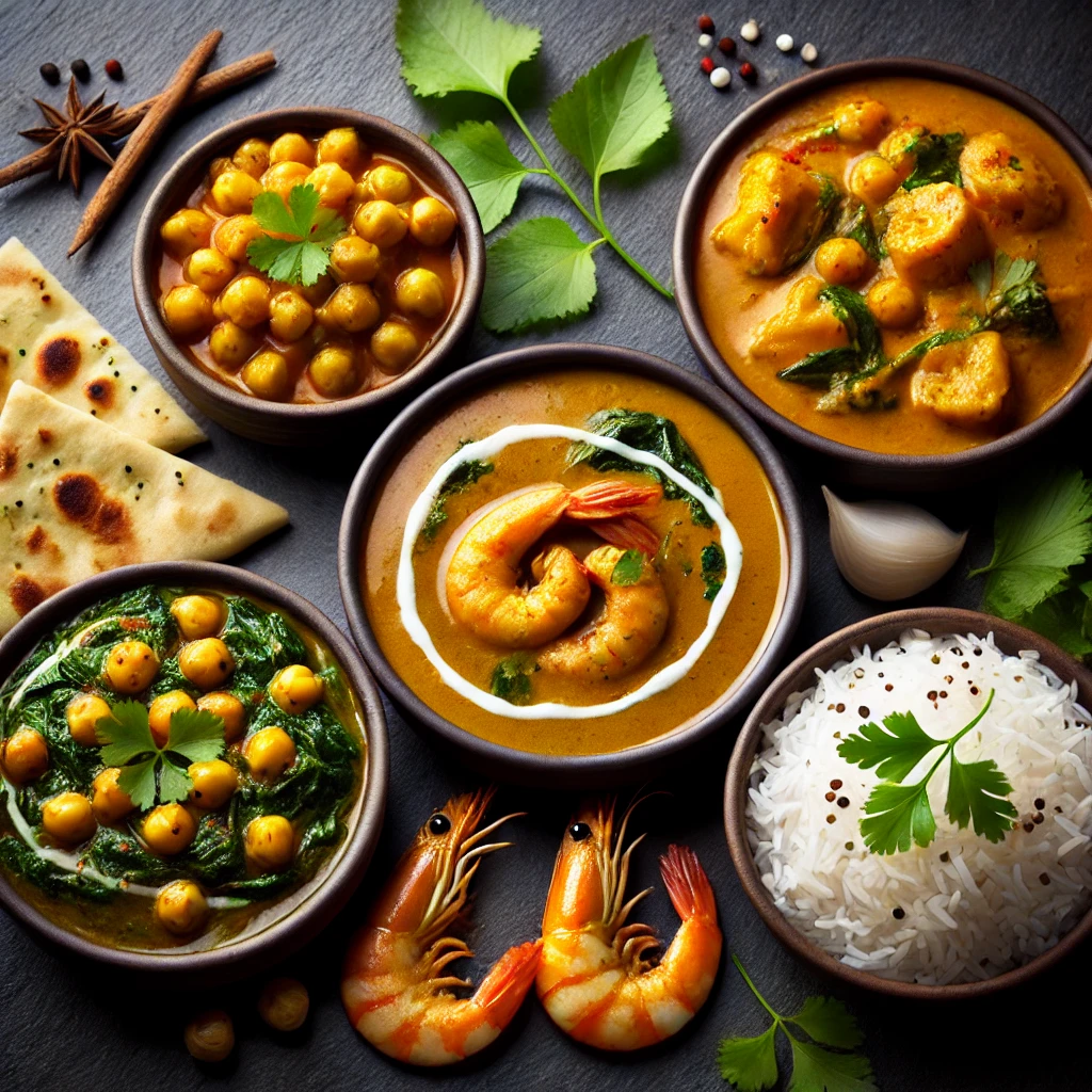 A pot of curry cooking on a stovetop with a wooden spoon stirring the vibrant mixture.