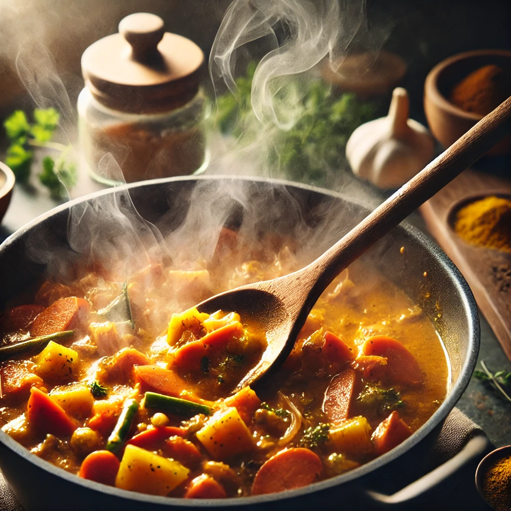 A pot of curry cooking on a stovetop with a wooden spoon stirring the vibrant mixture.