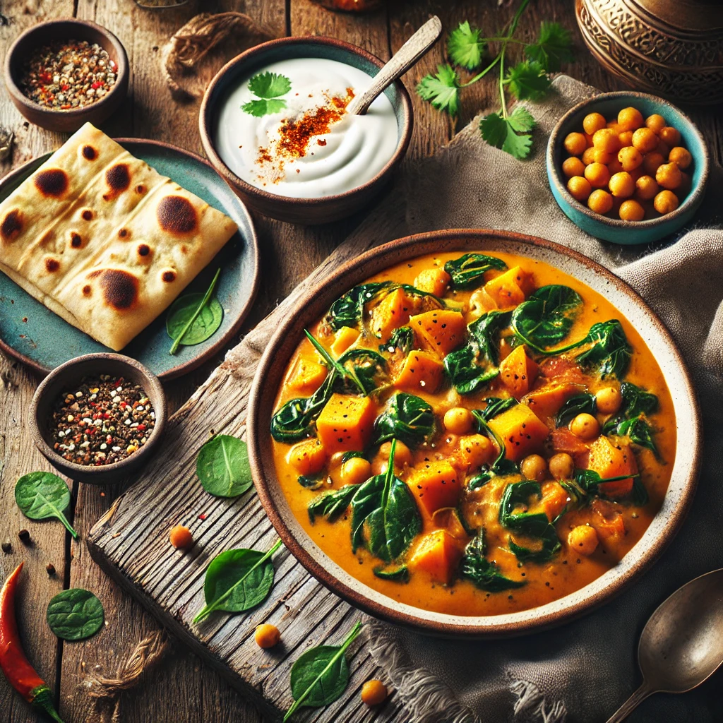 A flat-lay view of a breakfast curry spread featuring a steaming bowl of curry with sweet potatoes, chickpeas, spinach, and tomatoes, surrounded by flatbread and yogurt in a rustic kitchen setting.