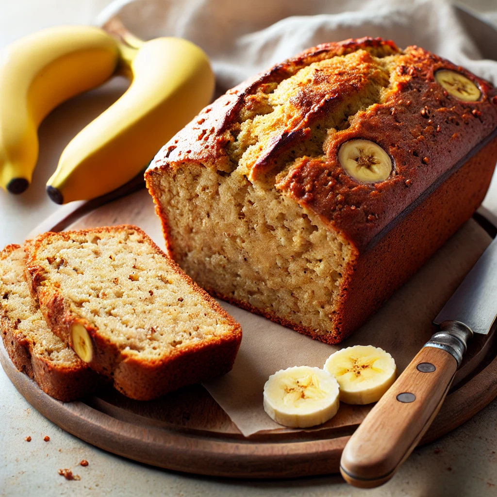 A loaf of banana bread with sliced pieces showing its moist interior, placed on a wooden board with ripe bananas.