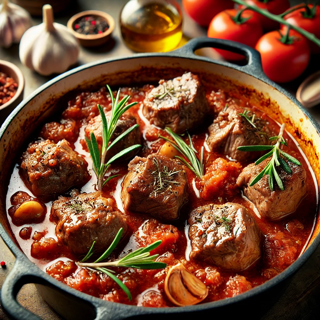 Tender chunks of lamb simmering in a rich tomato-based ragu sauce with fresh rosemary in a rustic Dutch oven, surrounded by garlic and olive oil.