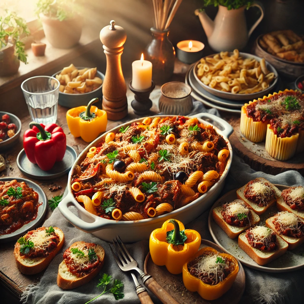 A cozy table setting with dishes made from leftover lamb ragu, including pasta bake, stuffed bell peppers, and crostini, garnished with parsley and cheese.