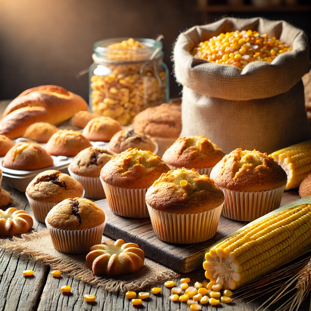 A rustic table filled with muffins, cookies, and bread made with freeze-dried sweetcorn, with a bag of freeze-dried sweetcorn in the background.