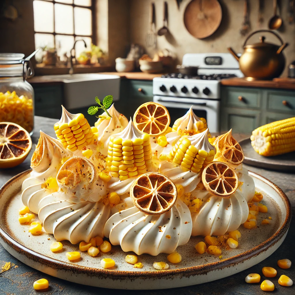 A plated Sweetcorn Pavlova dessert topped with citrus cream and garnished with freeze-dried sweetcorn, set in a cozy kitchen setting.