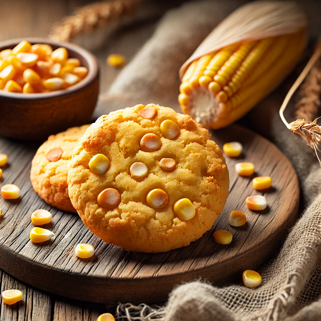 A close-up view of freshly baked corn cookies on a rustic wooden plate, showcasing their golden-brown texture and scattered freeze-dried corn kernels.