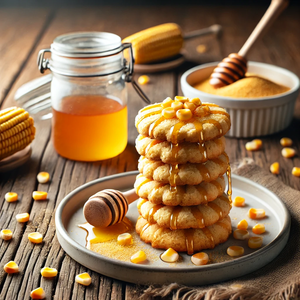 A plate of stacked corn cookies drizzled with honey, surrounded by a jar of honey, scattered cornmeal, and freeze-dried corn on a rustic wooden table.