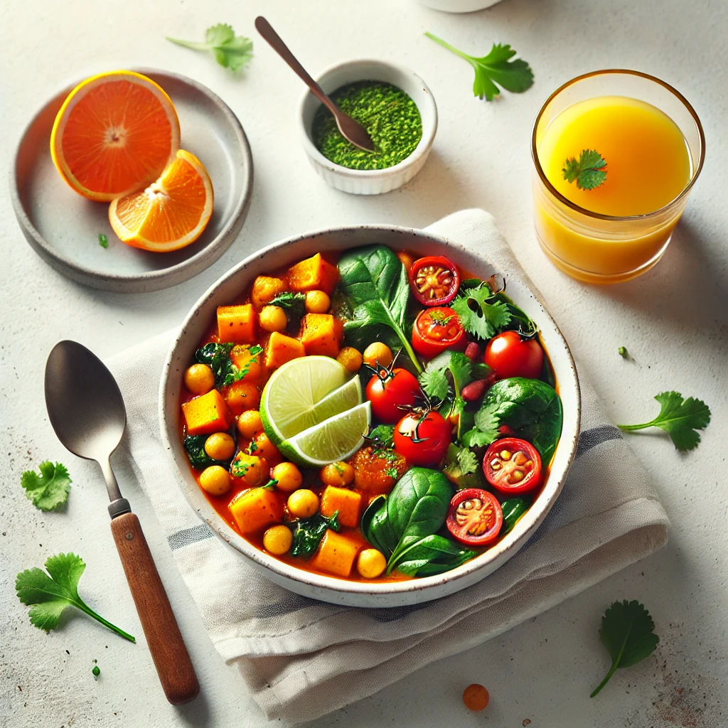 A single serving of healthy breakfast curry in a white bowl, with fresh ingredients like sweet potatoes, spinach, and tomatoes, accompanied by orange juice and fruit slices.