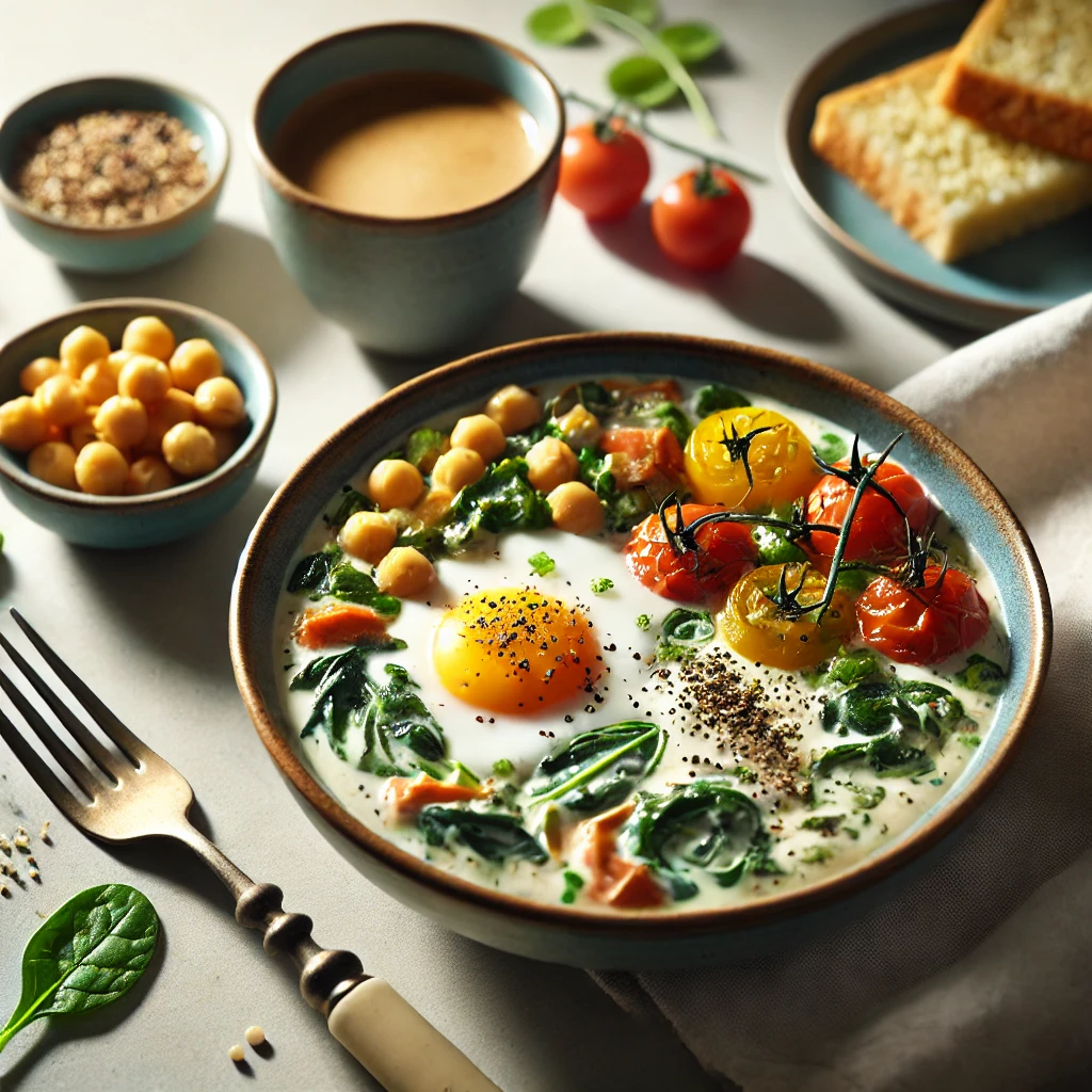 A breakfast table featuring a bowl of light curry with spinach, tomatoes, and chickpeas, served with quinoa, herbs, and a cup of coffee under soft natural lighting.