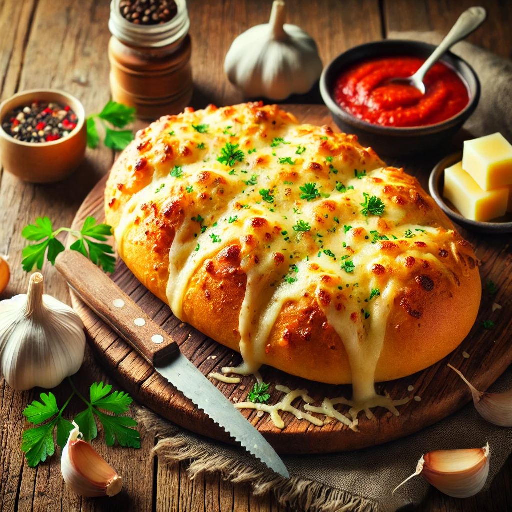 Garlic cheese bread plated with a bowl of marinara sauce on a modern dining table, garnished with parsley and lit by soft natural light.