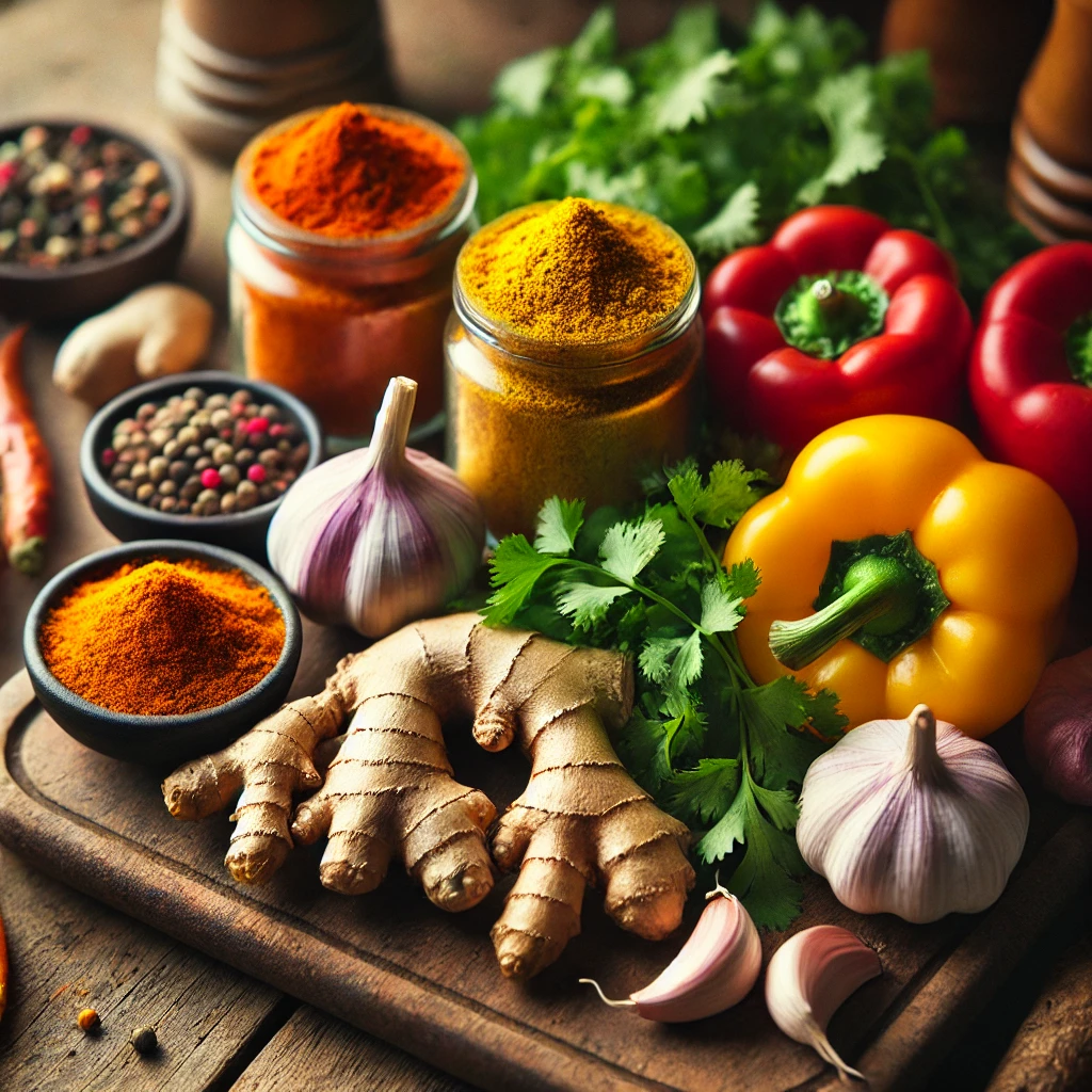 Close-up of fresh curry ingredients like turmeric roots, garlic, ginger, and bell peppers on a wooden countertop.