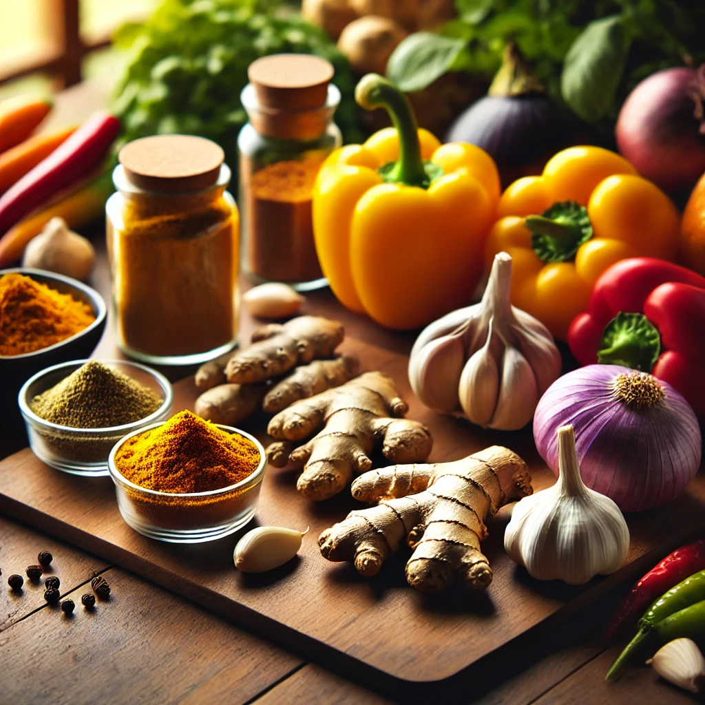 Close-up of fresh curry ingredients, including turmeric roots, ginger, garlic, bell peppers, and cumin powder, laid out on a wooden countertop.