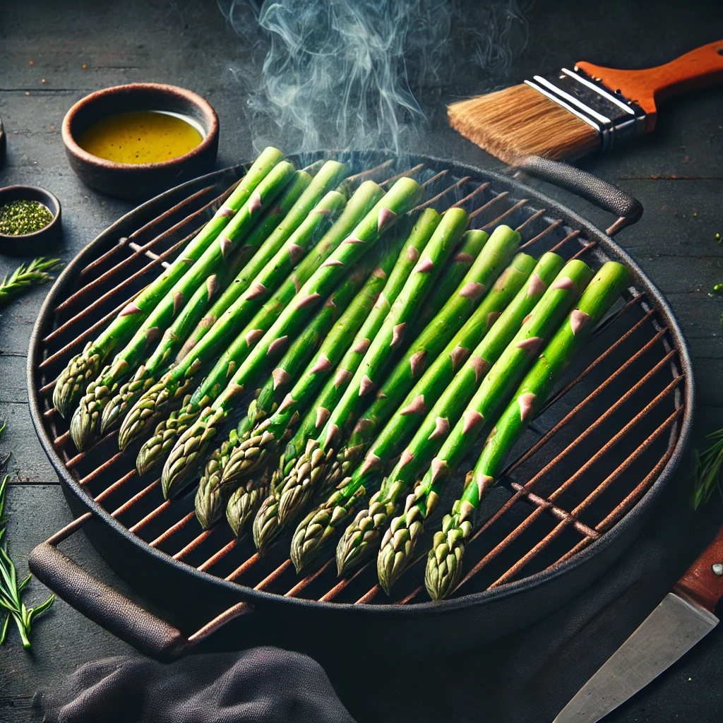 Fresh asparagus spears grilling with char marks, accompanied by a marinade brush and a small dish of olive oil for seasoning.