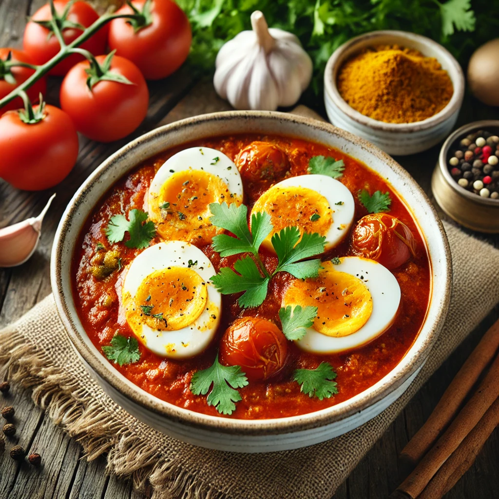 A bowl of egg curry with boiled eggs in a rich tomato-based sauce, garnished with fresh cilantro, surrounded by fresh curry ingredients on a rustic wooden table.