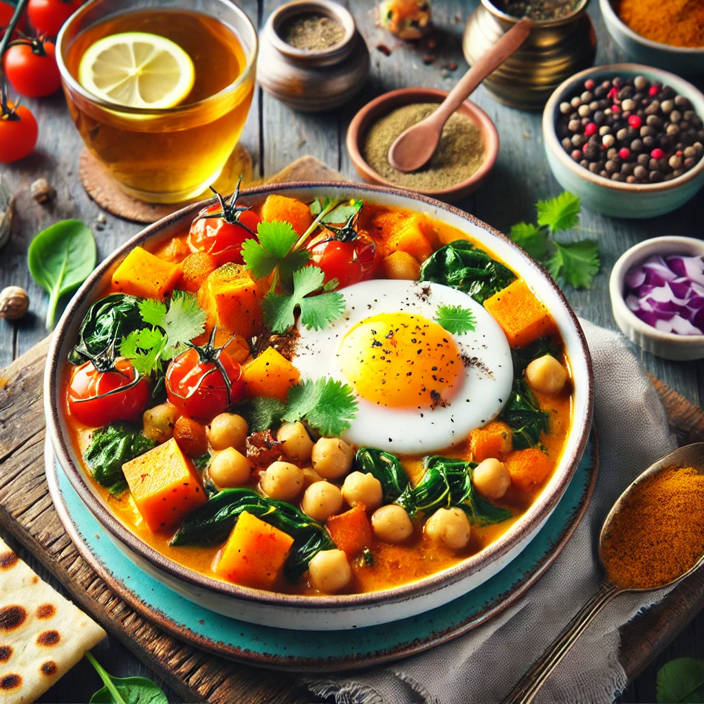 A colorful bowl of healthy breakfast curry featuring sweet potatoes, chickpeas, spinach, cherry tomatoes, and coconut milk, garnished with fresh cilantro and a boiled egg.