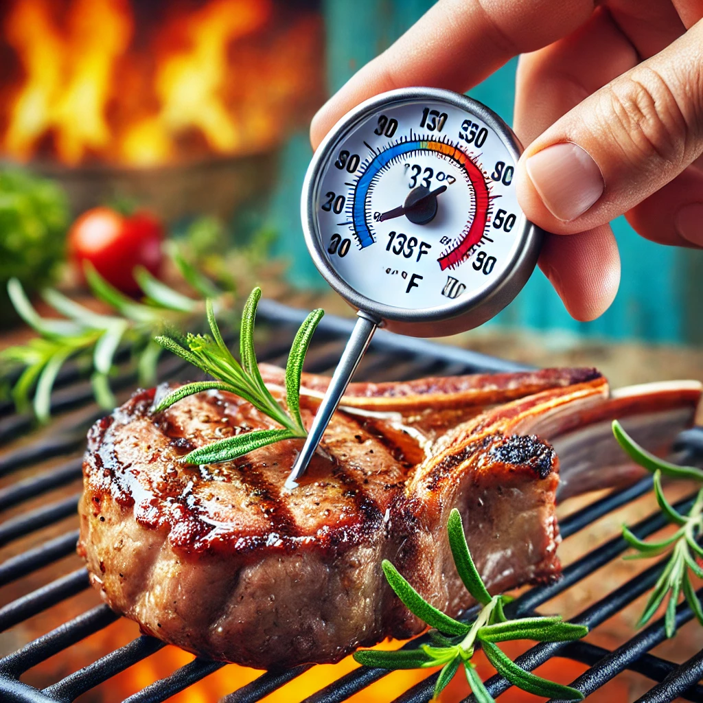 A lamb chop on a grill with a thermometer indicating 135°F/57°C for medium-rare, accompanied by rosemary sprigs.