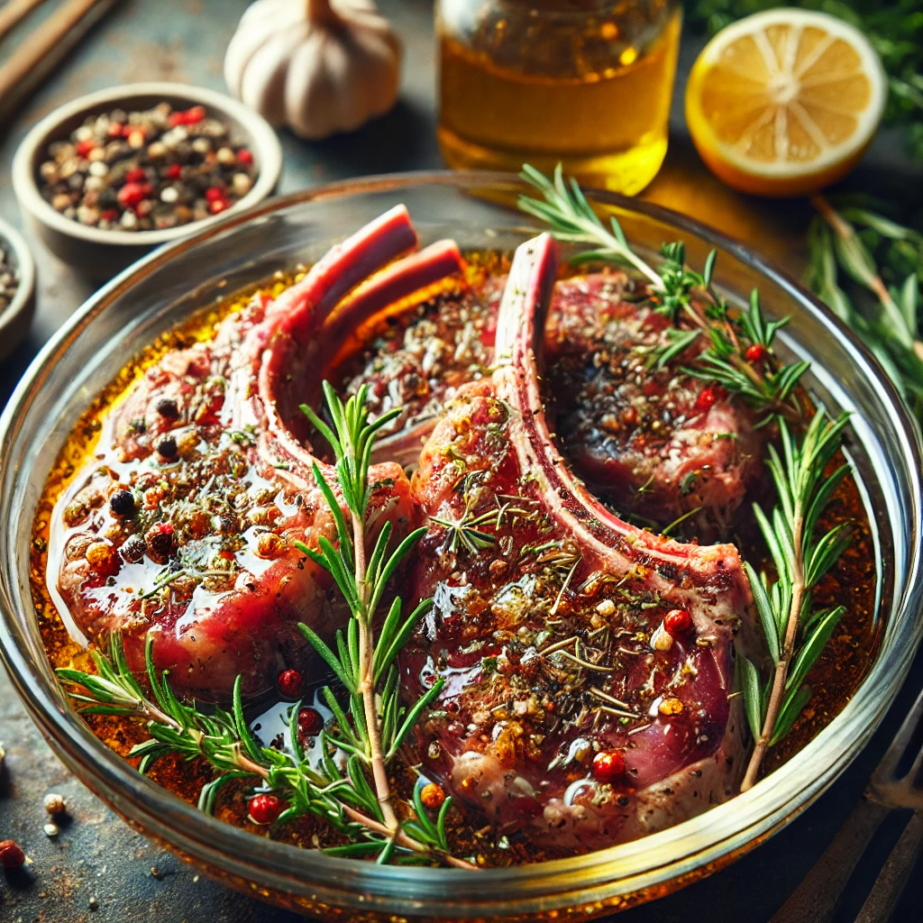 Lamb chops marinating in a glass bowl with olive oil, garlic, rosemary, thyme, and lemon slices on a rustic kitchen counter.