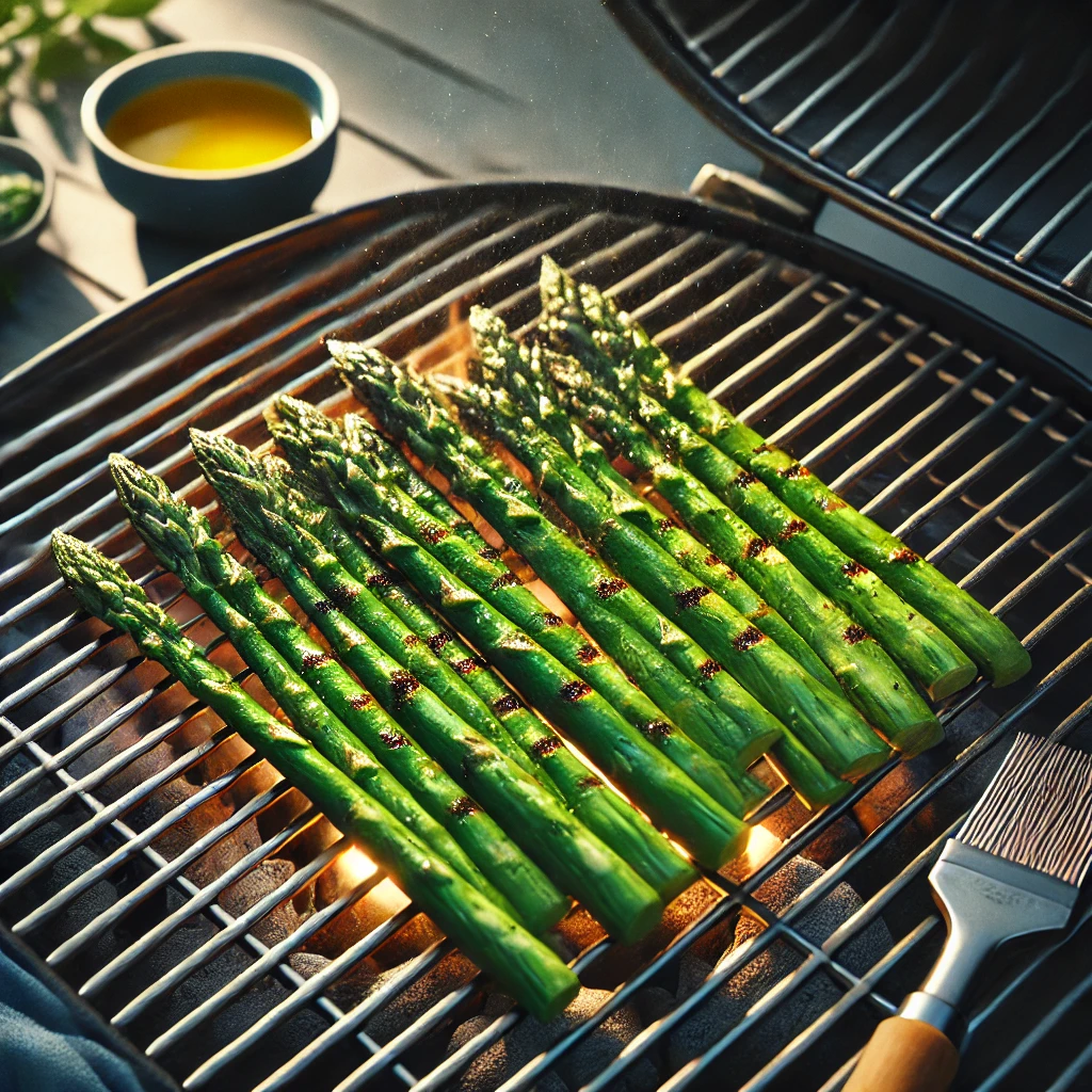 Seasoned asparagus spears on a plate, coated with olive oil, salt, and pepper, with a garnish of red pepper flakes, lemon, and a small bowl of olive oil.