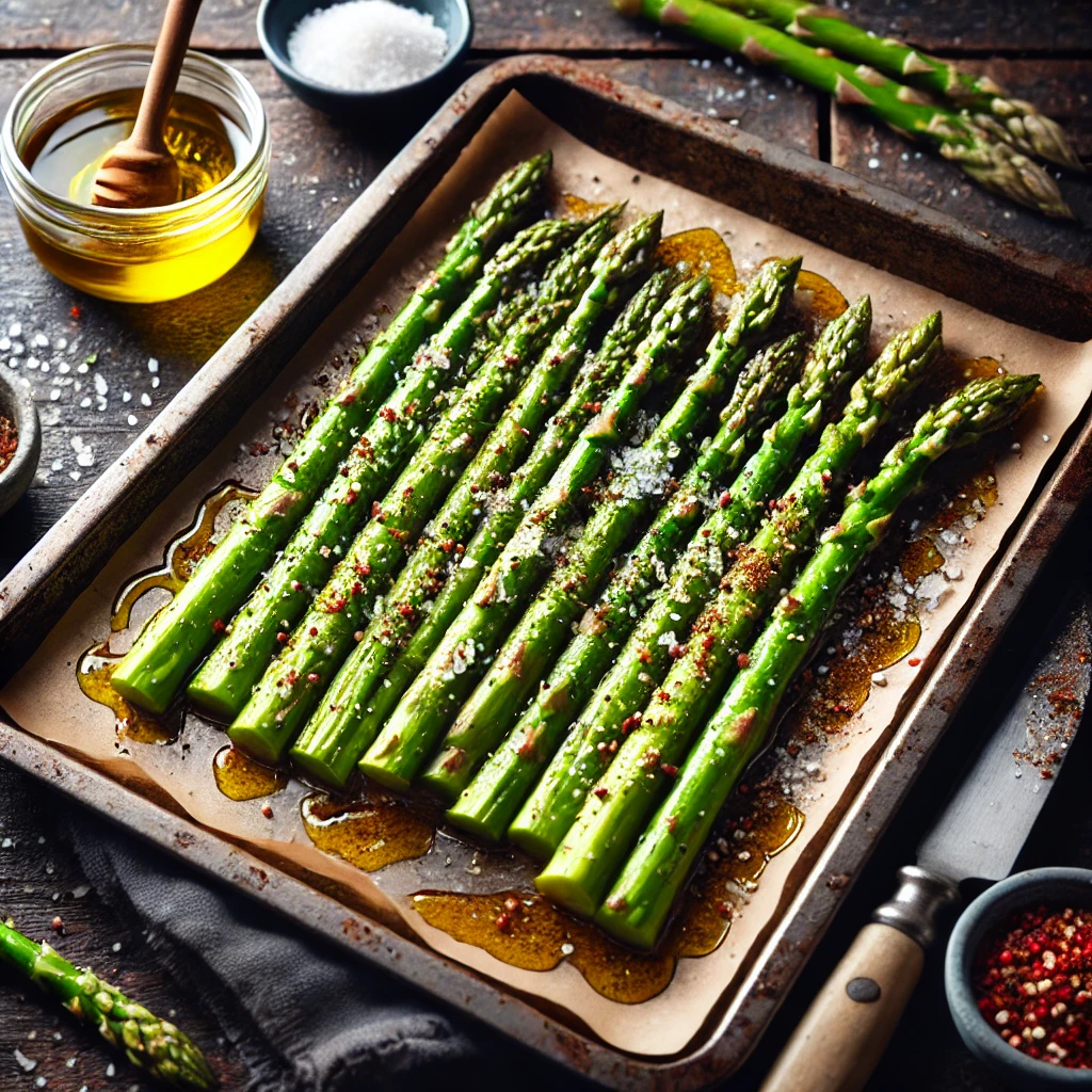 Prepared asparagus spears seasoned with olive oil, salt, and pepper on a baking tray, ready for cooking.