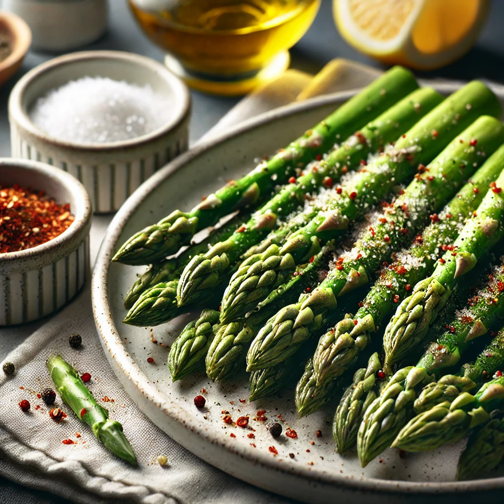 Seasoned asparagus spears on a plate, coated with olive oil, salt, and pepper, with a garnish of red pepper flakes, lemon, and a small bowl of olive oil.