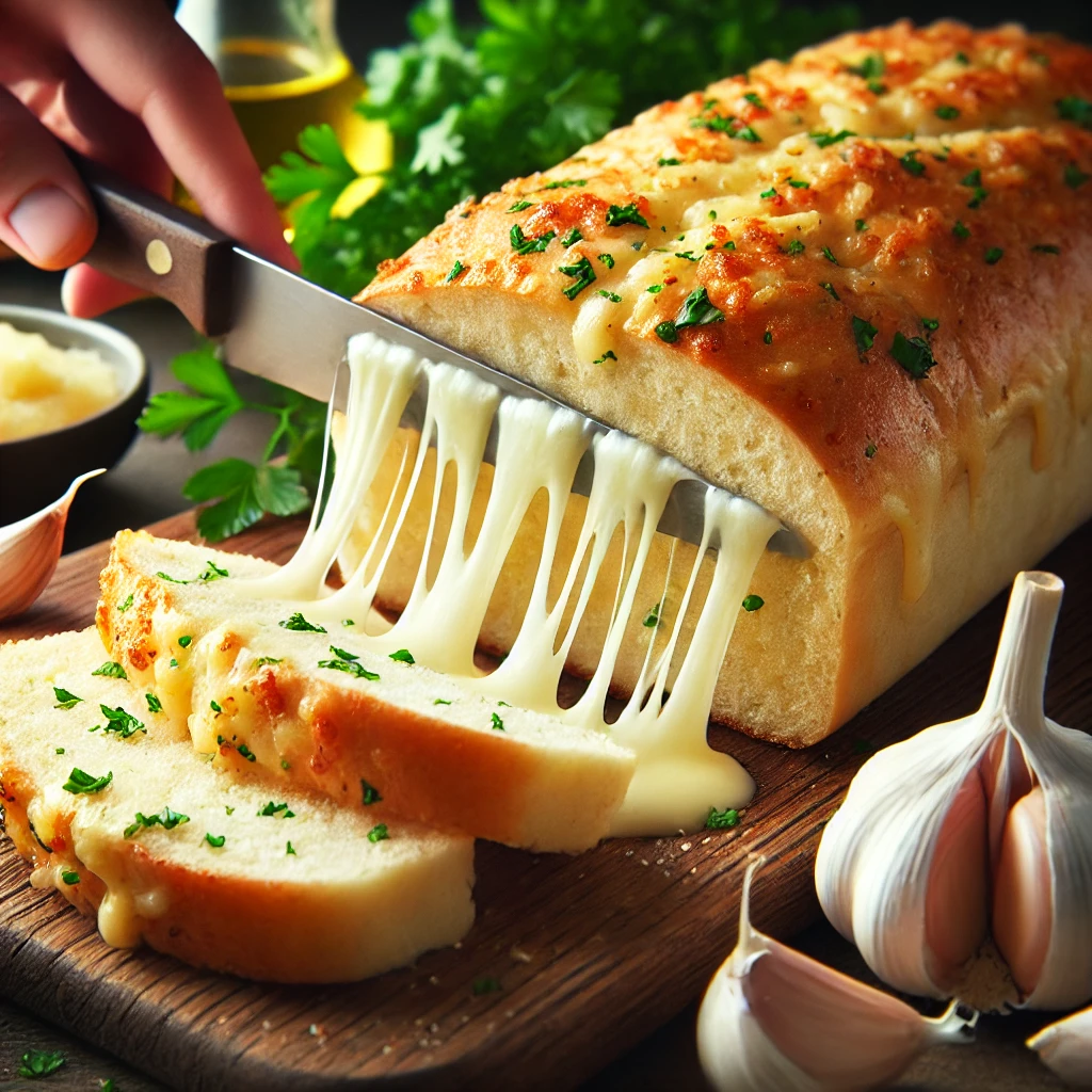 Close-up of garlic cheese bread being sliced, with melted cheese stretching between slices, placed on a cutting board with fresh parsley and garlic cloves nearby.