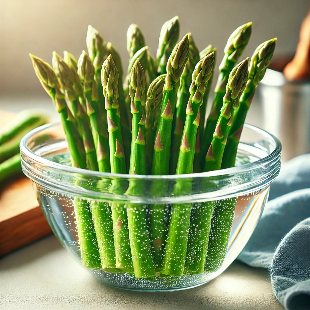 Fresh green asparagus spears soaking in a bowl of cold water on a clean kitchen counter with visible bits of dirt in the water.