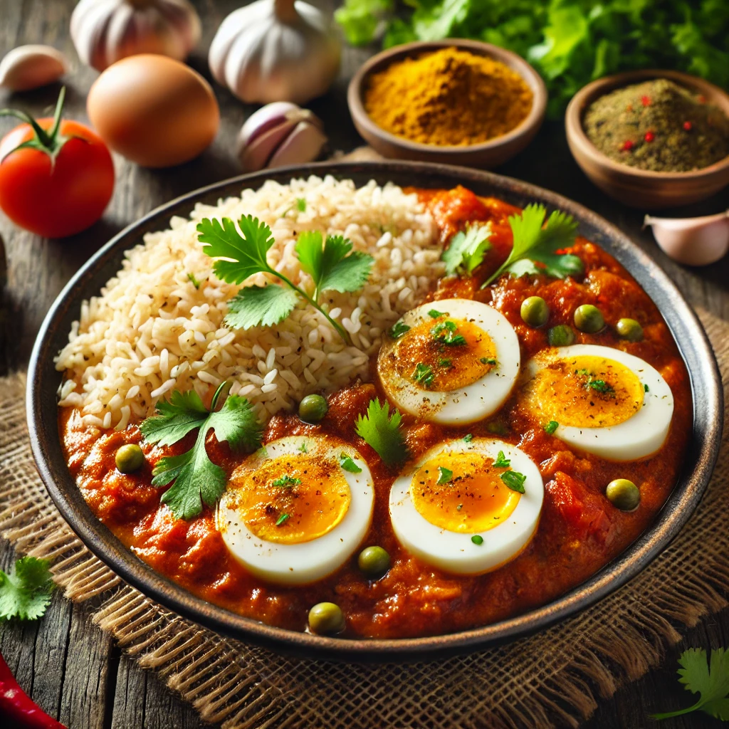 A steaming plate of egg curry with boiled eggs in a spiced tomato sauce, served with brown rice and a side of fresh salad on a rustic wooden table.