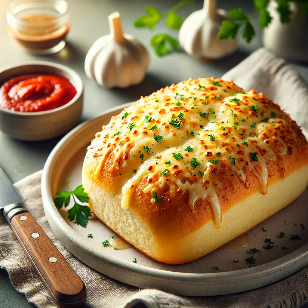 Close-up of golden garlic cheese bread on a modern plate, topped with melted cheese and fresh parsley, with a bowl of marinara sauce and soft natural light in the background.