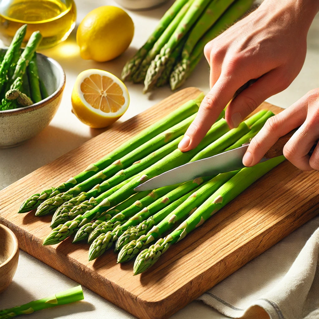 Fresh asparagus spears on a wooden cutting board, with a hand holding a knife, trimming the stalks.