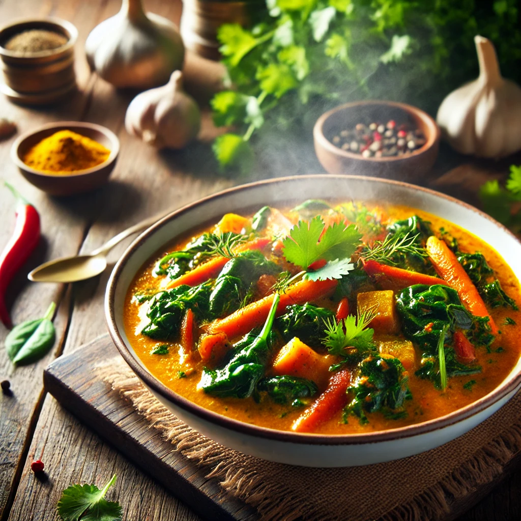 A steaming bowl of homemade curry with vibrant vegetables in a turmeric-rich sauce