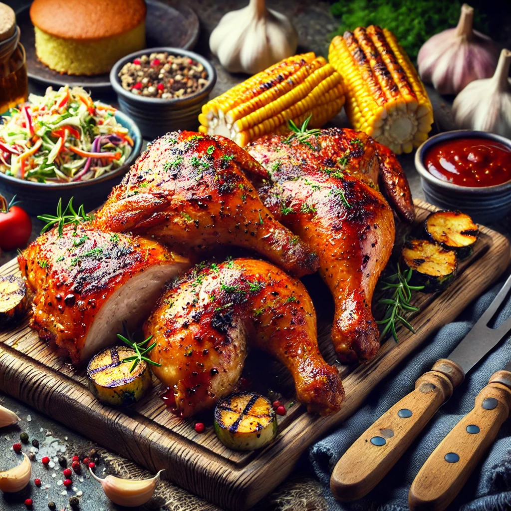 A platter of golden, crispy Delmarva BBQ chicken quarters, garnished with fresh herbs and served with coleslaw, cornbread, and grilled vegetables on a rustic wooden board.