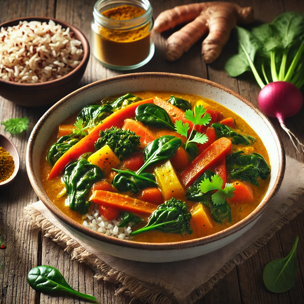 A vibrant bowl of healthy curry with vegetables like bell peppers, spinach, and carrots, garnished with fresh cilantro and paired with brown rice.