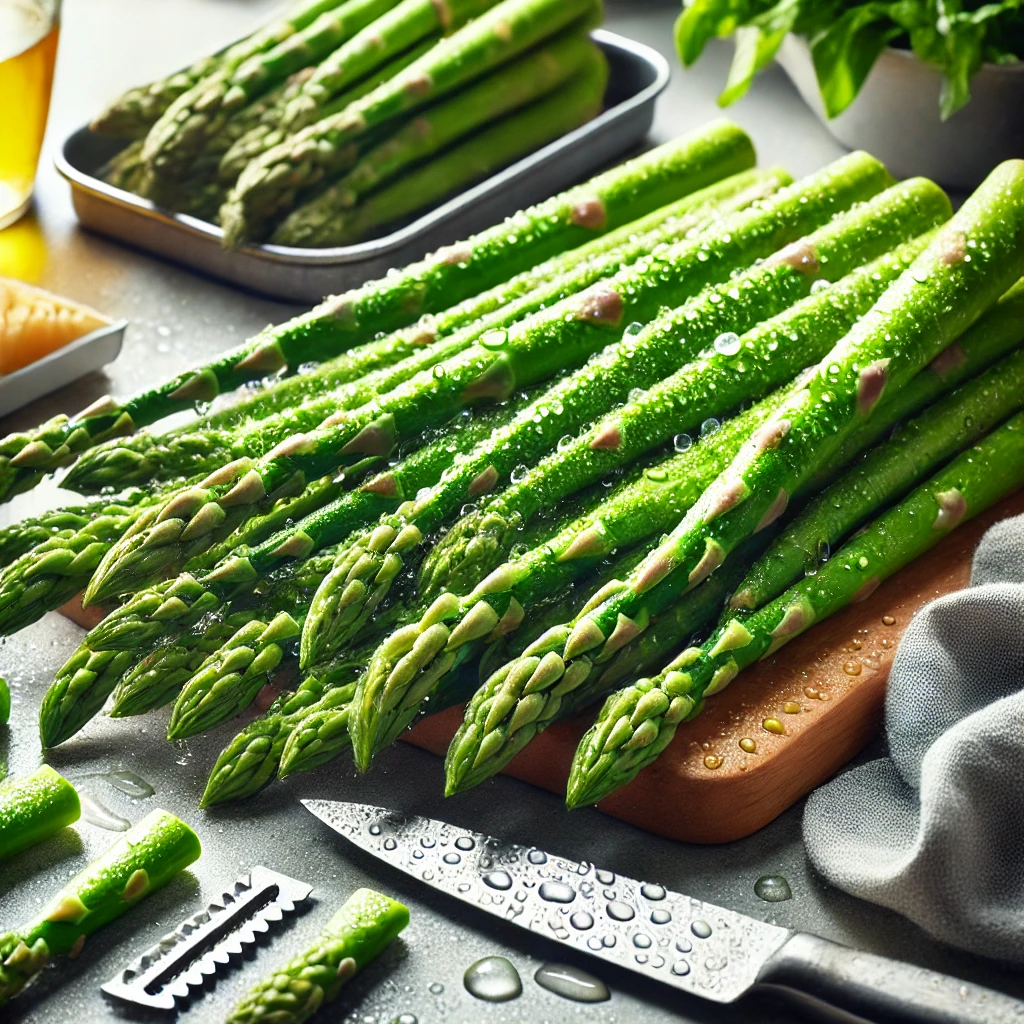 Fresh asparagus spears on a kitchen counter with a knife, vegetable peeler, and kitchen towel, highlighting their vibrant green color and preparation process.