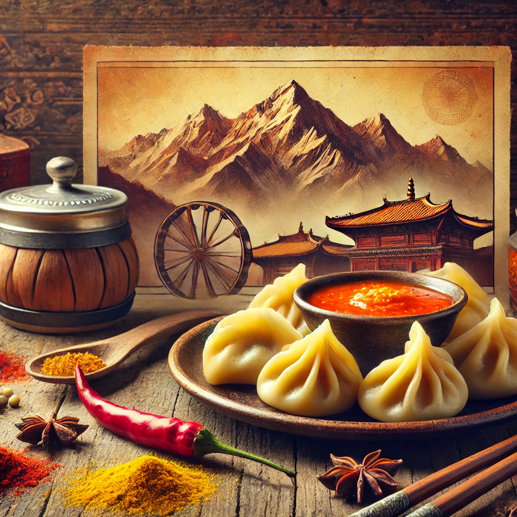 A traditional plate of steamed momos served with a small bowl of vibrant red dipping sauce, surrounded by aromatic spices like turmeric, cumin, and chili, placed on a rustic wooden table. The Himalayan mountains are faintly visible in the background, adding a cultural touch.