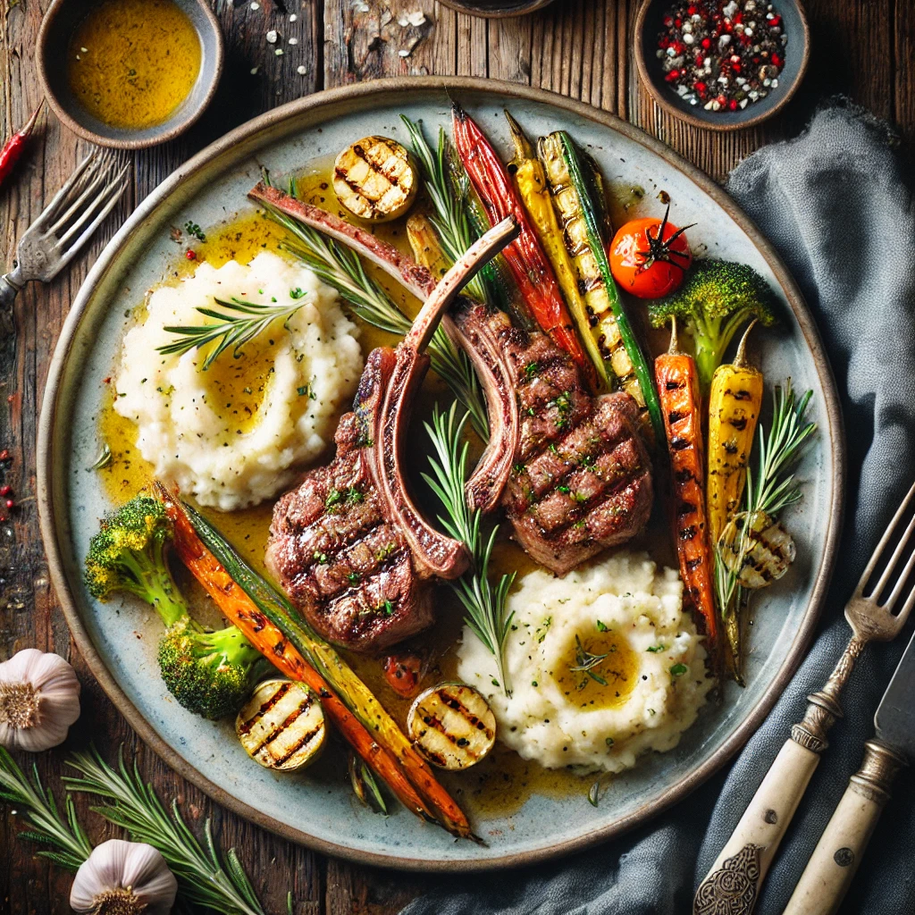 Grilled lamb chops plated with rosemary garnish, garlic mashed potatoes, and grilled vegetables on a rustic wooden table.