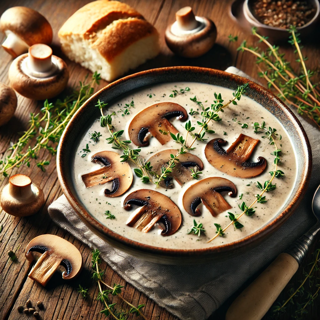 A creamy mushroom soup garnished with sautéed mushrooms, fresh thyme, and a drizzle of cream, served on a rustic wooden table with bread and fresh ingredients