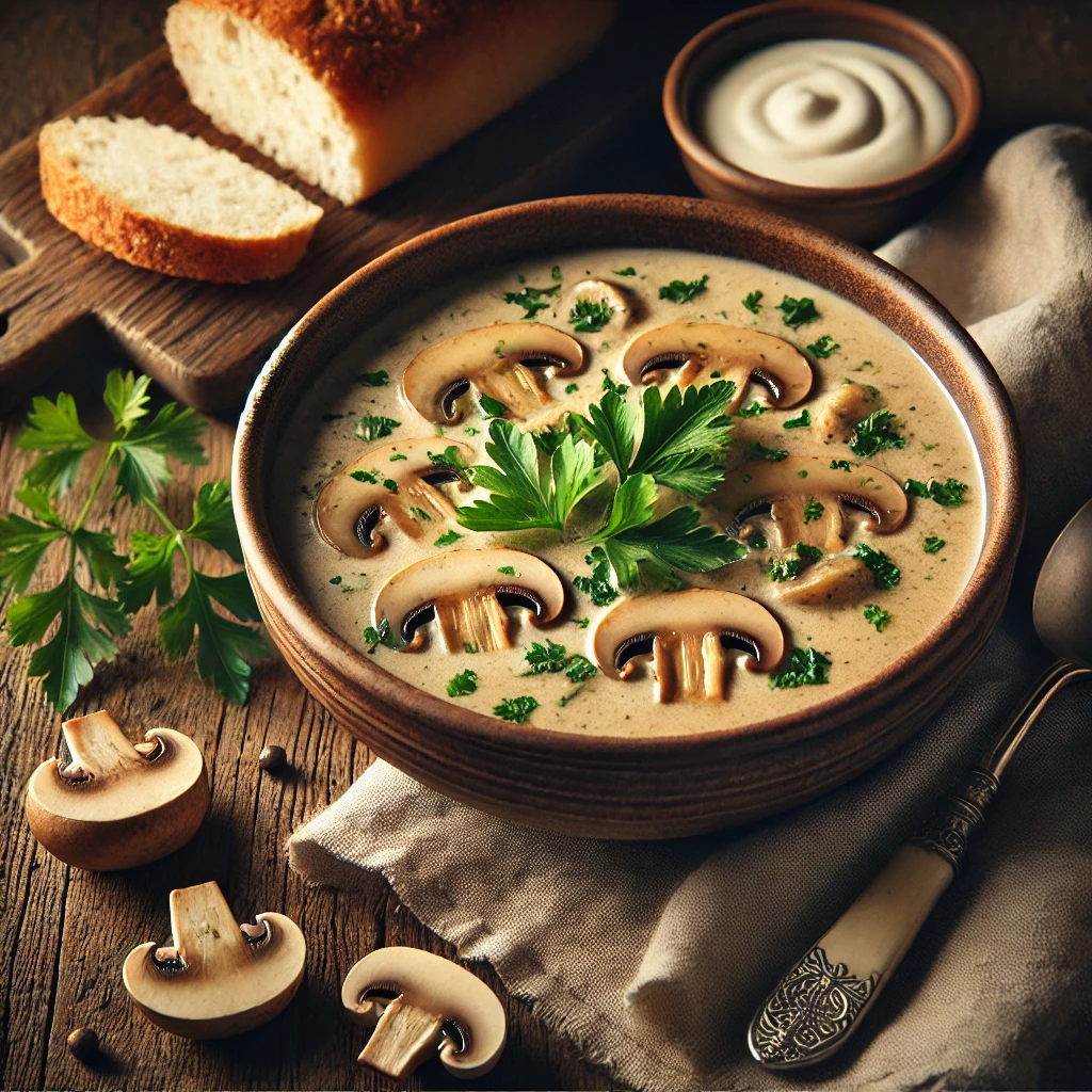 A creamy bowl of thick mushroom soup garnished with fresh parsley and cream, served with crusty bread on a rustic wooden table.