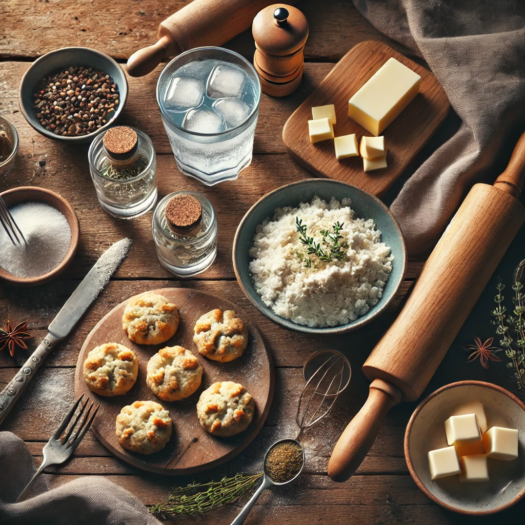 Flat-lay of baking tools and ingredients including a bowl of biscuit dough, glass of water, butter cubes, herbs, and a rolling pin on a wooden surface.