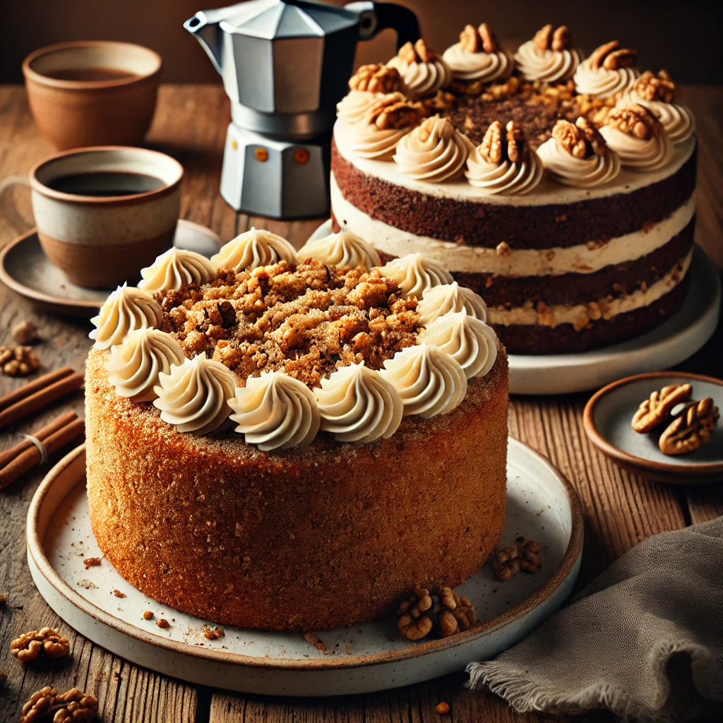 Side-by-side display of an American coffee cake with streusel topping and a British coffee cake with coffee buttercream and walnuts, styled with a rustic backdrop.