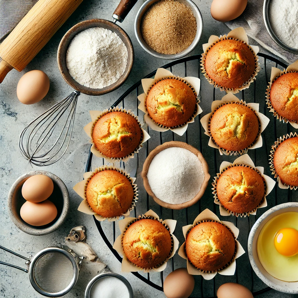 A top-down view of freshly baked golden cupcakes on a cooling rack surrounded by bowls of baking ingredients, a whisk, and measuring cups.