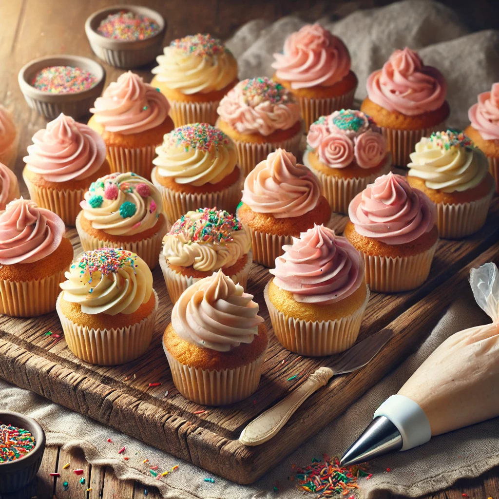 A display of freshly baked cupcakes with colorful frosting and sprinkles on a wooden tray, set on a rustic table with natural lighting