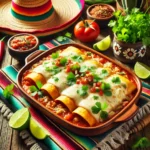 A beautifully plated dish of enchiladas topped with melted cheese and enchilada sauce, surrounded by garnishes like cilantro and lime wedges.