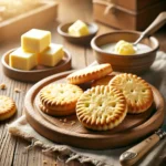 Freshly baked golden butter biscuits on a wooden board with a small bowl of melted butter, set in a warm kitchen.