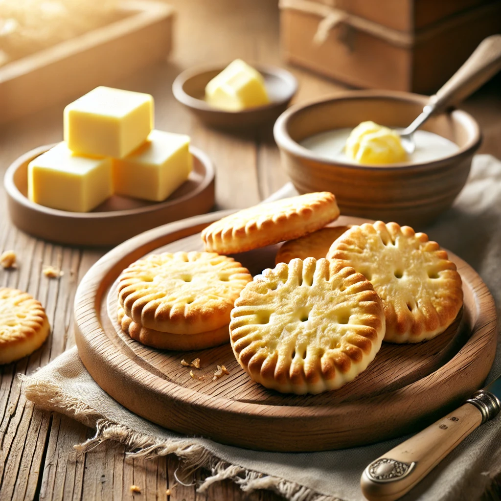 Freshly baked golden butter biscuits on a wooden board with a small bowl of melted butter, set in a warm kitchen.