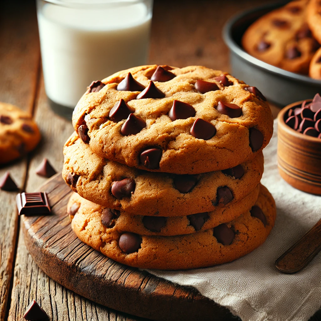 A stack of golden brown sourdough chocolate chip cookies with melted chocolate chunks, surrounded by a glass of milk and scattered chocolate chips on a rustic wooden table.