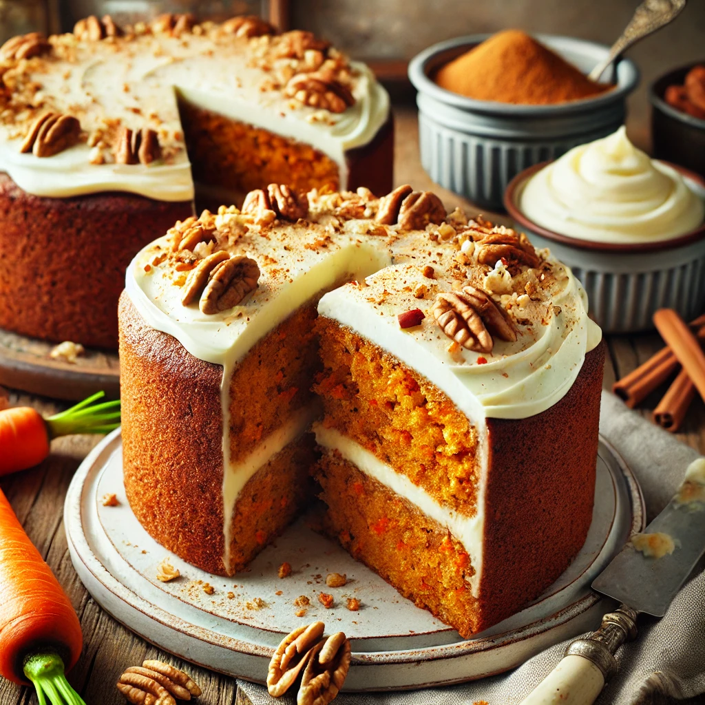 A moist and spiced carrot cake topped with smooth cream cheese frosting, garnished with crushed walnuts and cinnamon, with a slice cut out to reveal the soft interior.