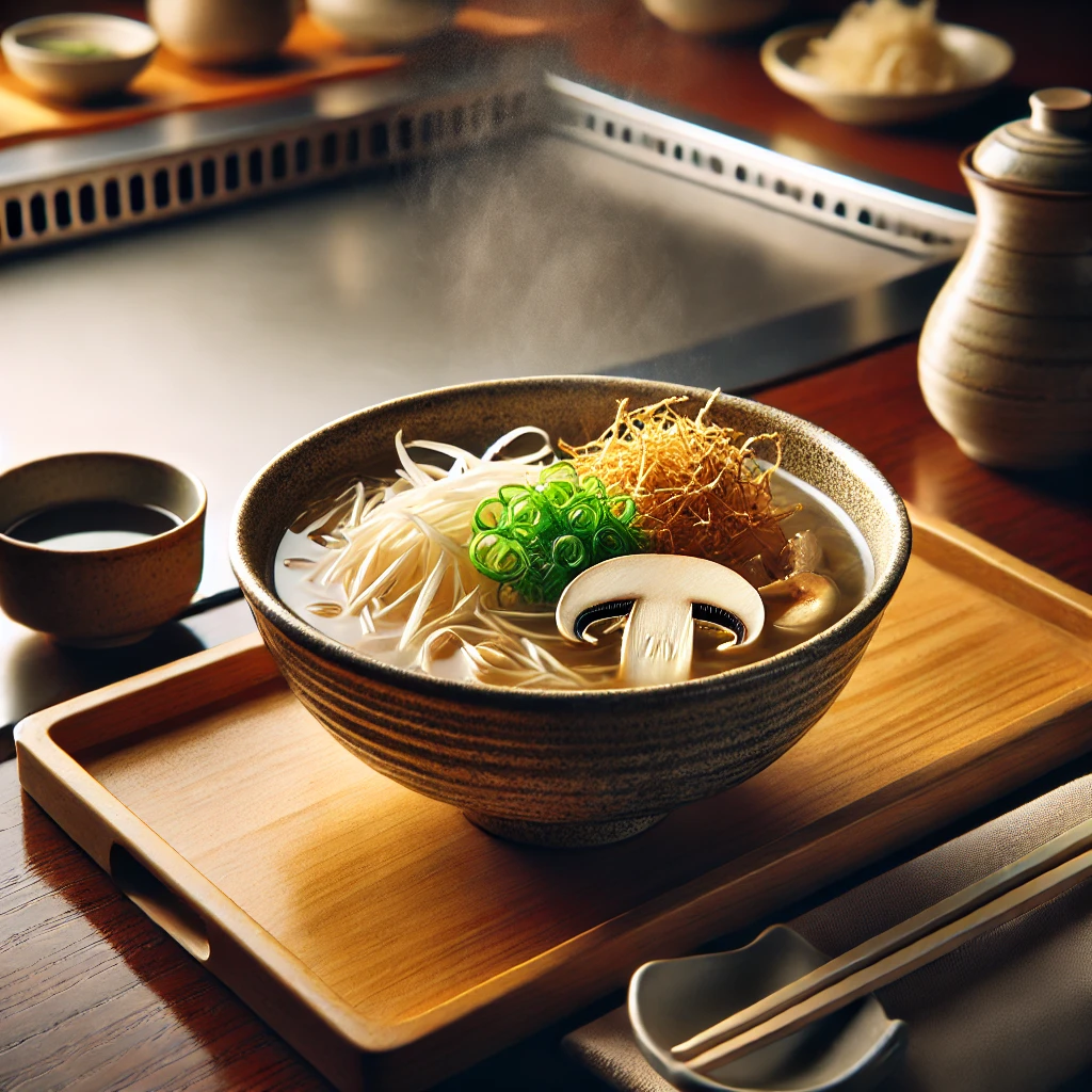 A bowl of clear soup served in a Japanese hibachi restaurant, featuring a light broth garnished with mushrooms, green onions, and fried onions, accompanied by chopsticks and a soy sauce dish.