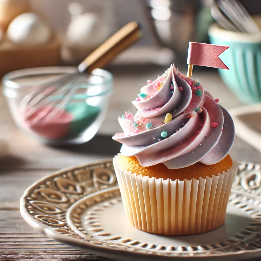 A single cupcake with swirled pastel frosting, edible glitter, and a decorative flag on a plate, with a blurred baking setup in the background.