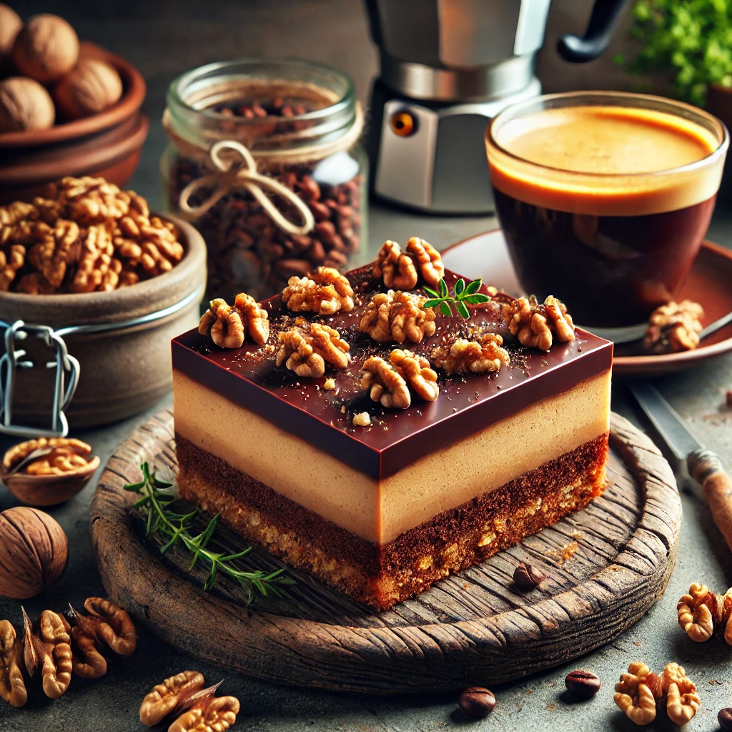 Coffee ginger walnut slice on a wooden board, garnished with walnuts, with a coffee cup in the background.